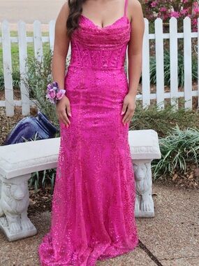 Blondie Nites Hot Pink Sequin Prom Gown with Spaghetti Straps